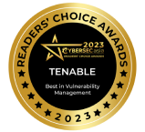 CybersecAsia Readers' Choice Award icon showing Tenable as the best in vulnerability management in 2023