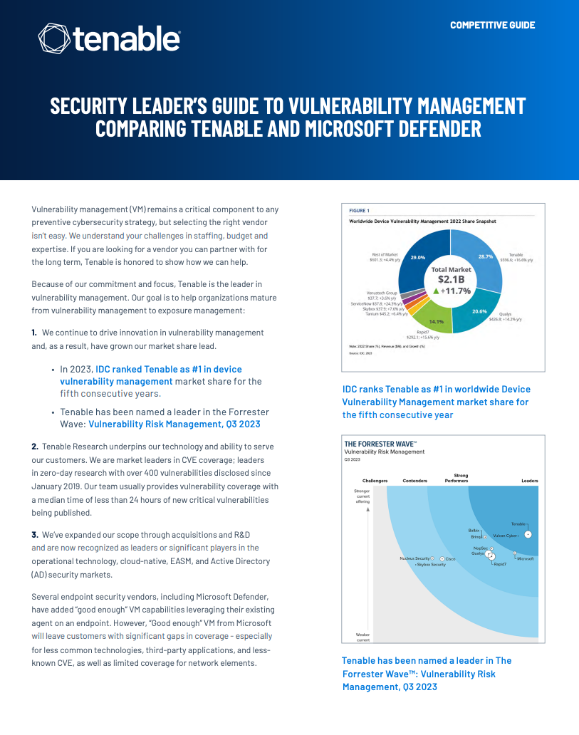 Cover page of Tenable's competitive guide to vulnerability management comparing Tenable and Microsoft Defender